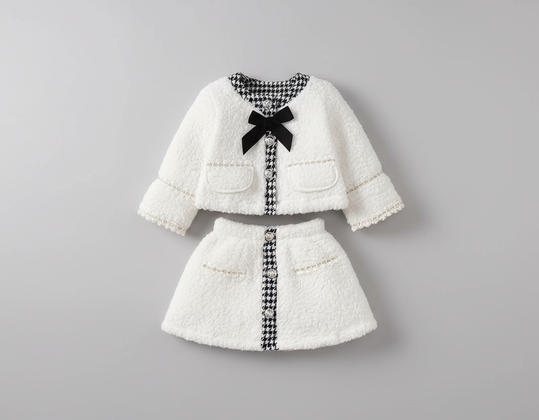 White Faux-Fur & Houndstooth Skirt Set| Princess Dz